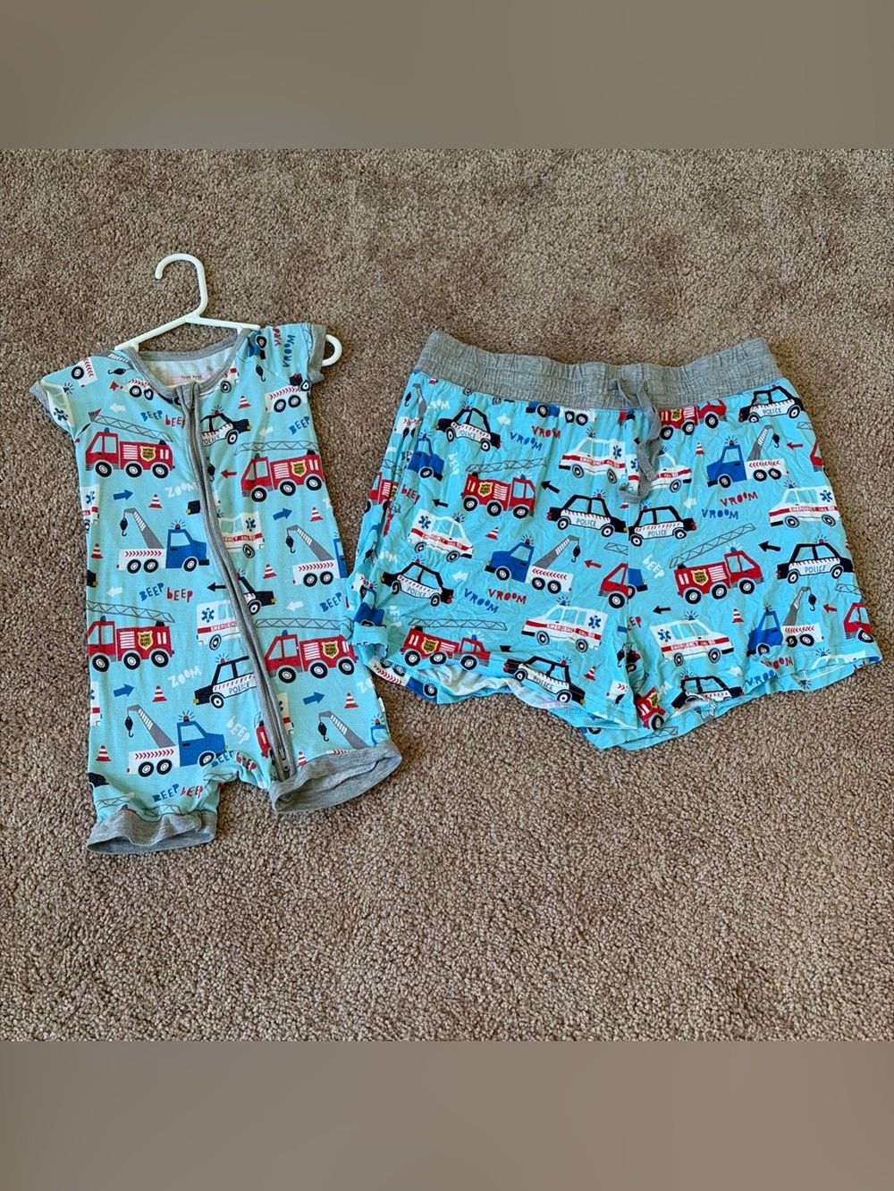 Matching Kids Pajama Set with Firetruck & Car Print - Light Blue